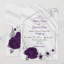 Invitación boda geométrico de plata de flores púrpura reales