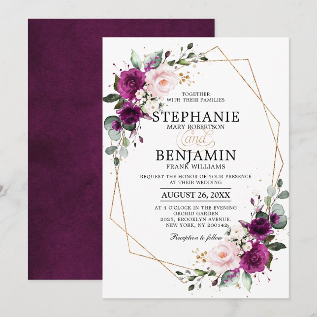 Invitación Boda Geométrico De Rosa Rosa Rosa Púrpura Rubor De (Anverso / Reverso)