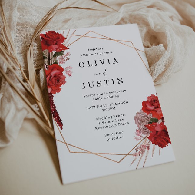 Invitación Boda geométrico de rosas rojas divinas (Subido por el creador)