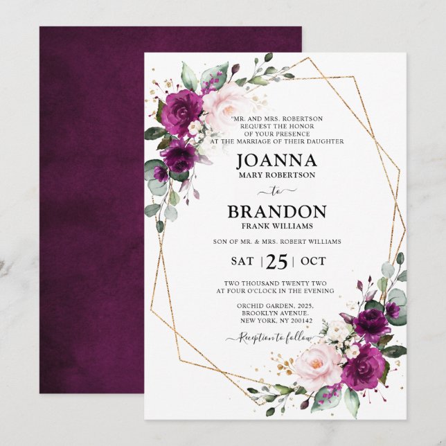 Invitación Boda geométrico de rosas rosadas de Rubor con ciru (Anverso / Reverso)
