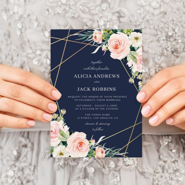 Invitación boda geométrico de rubor floral y azul marino (Subido por el creador)
