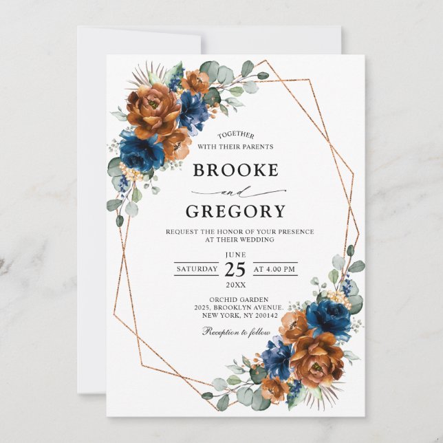 Invitación Boda geométrico de Terracotta Navy Blue Greenery (Anverso)