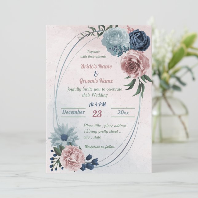 Invitación boda geométrico de vegetación floral azul bonito (Anverso de pie)