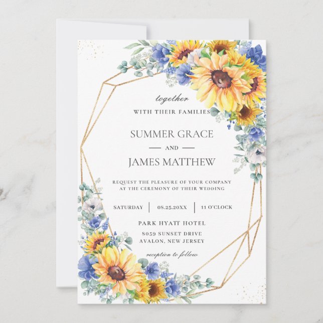 Invitación Boda geométrico de vegetación floral azul girasol (Anverso)