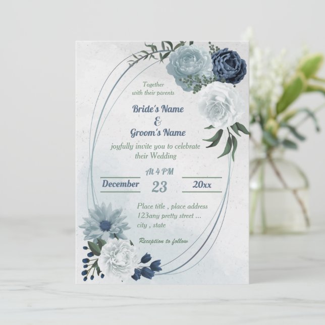 Invitación boda geométrico de vegetación floral blanca y azul (Anverso de pie)