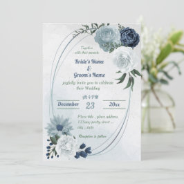 Invitación boda geométrico de vegetación floral blanca y azul