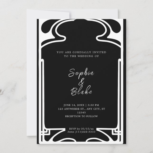 Invitación Boda Geométrico del Deco de Arte Blanco y Negro (Anverso)
