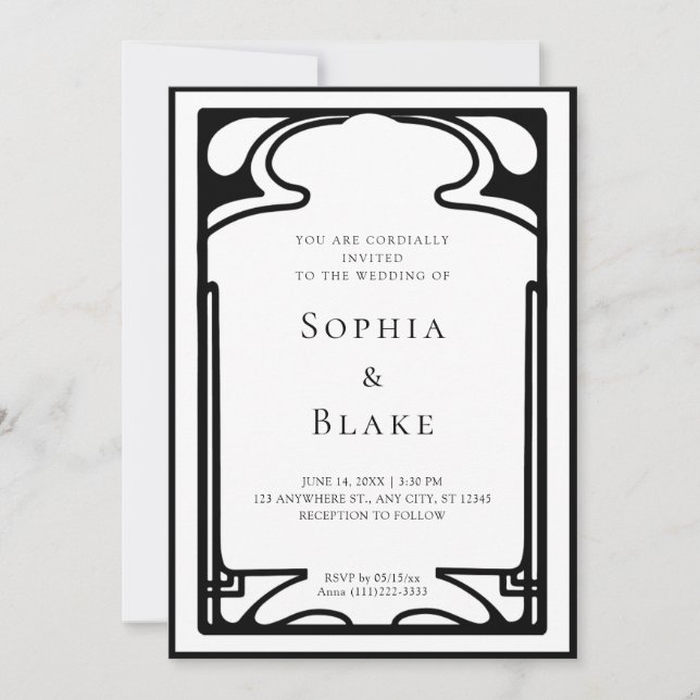 Invitación Boda Geométrico del Deco de Arte Blanco y Negro (Anverso)