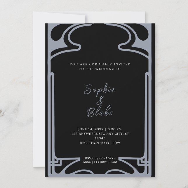 Invitación Boda Geométrico del Deco de Arte Negro y Plata (Anverso)