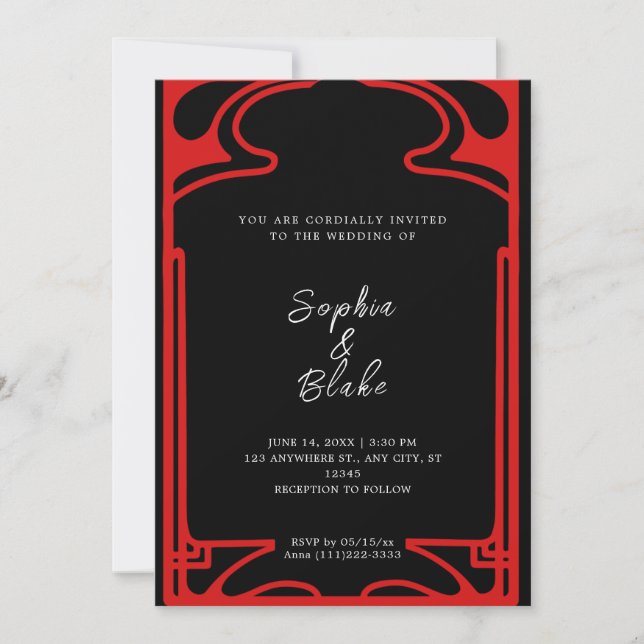 Invitación Boda Geométrico del Deco de Arte Negro y Rojo (Anverso)