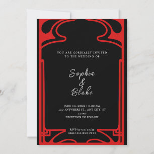 Invitación Boda Geométrico del Deco de Arte Negro y Rojo