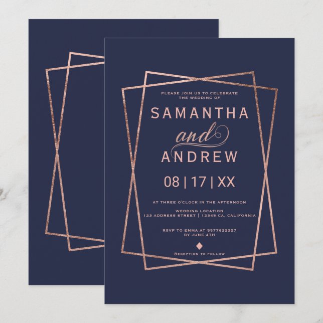 Invitación Boda geométrico del guión oro del rosa de marina m (Anverso / Reverso)