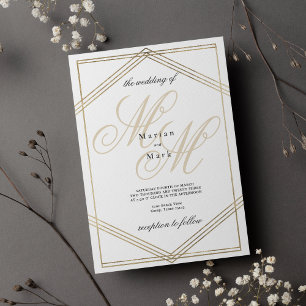 Invitación Boda geométrico del monograma de oro blanco