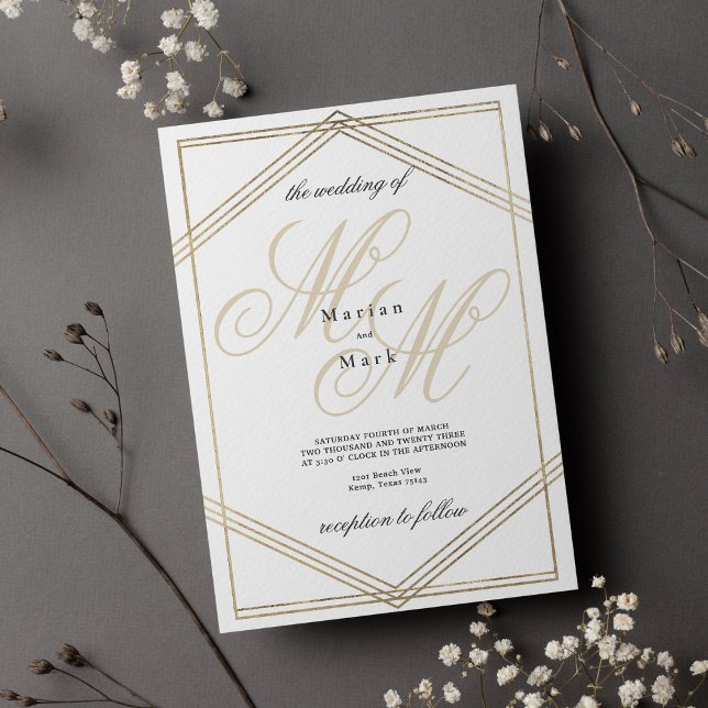 Invitación Boda geométrico del monograma de oro blanco (White gold monogram initials geometrical wedding)
