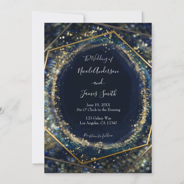 Invitación Boda geométrico del resumen de oro azul de la mari (Anverso)