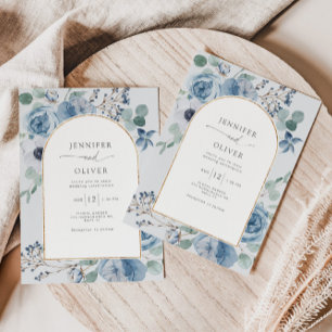 Invitación Boda geométrico dorado floral azul turbio