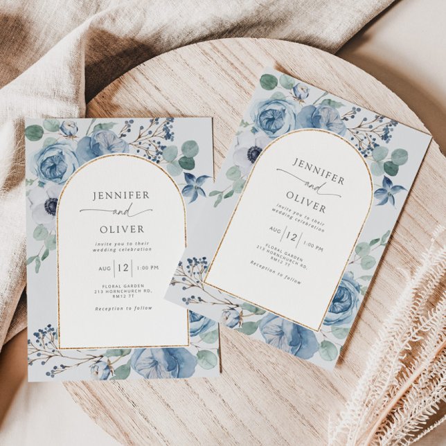 Invitación Boda geométrico dorado floral azul turbio (Subido por el creador)