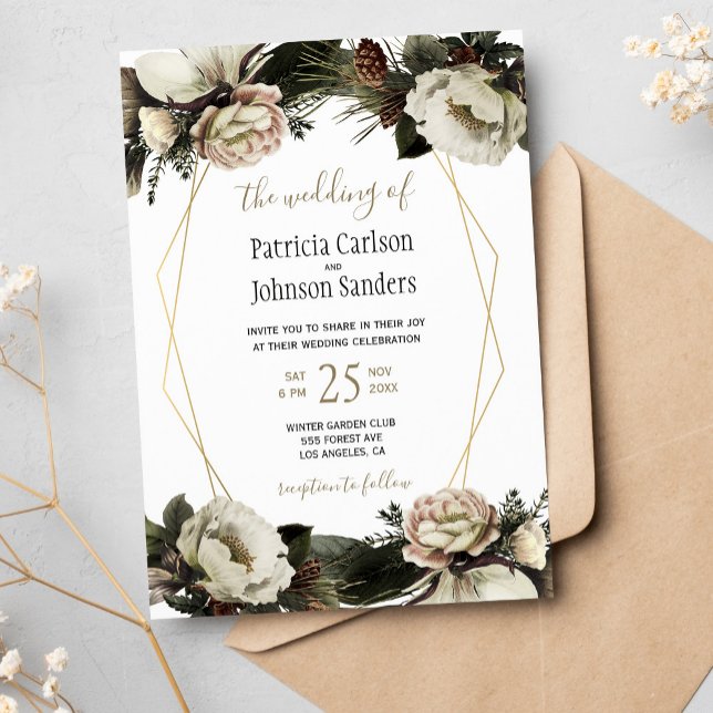 Invitación Boda geométrico dorado floral elegante de invierno (Subido por el creador)