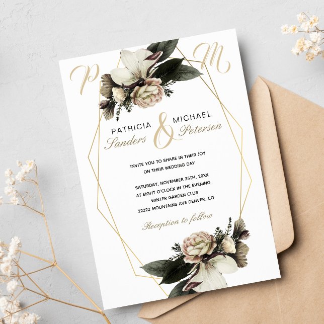 Invitación Boda geométrico dorado floral elegante de invierno (Subido por el creador)