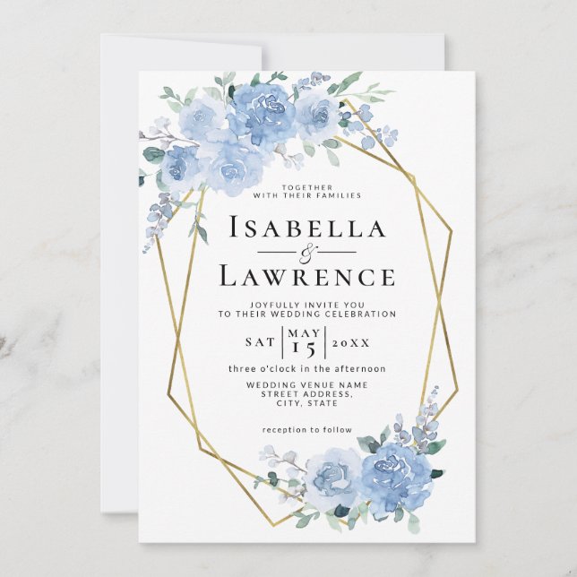Invitación Boda Geométrico Duste Blue Light Floral Gold (Anverso)