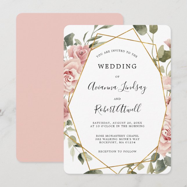Invitación Boda Geométrico Duste Rosa Floral Dorada Rosa Invi (Anverso / Reverso)