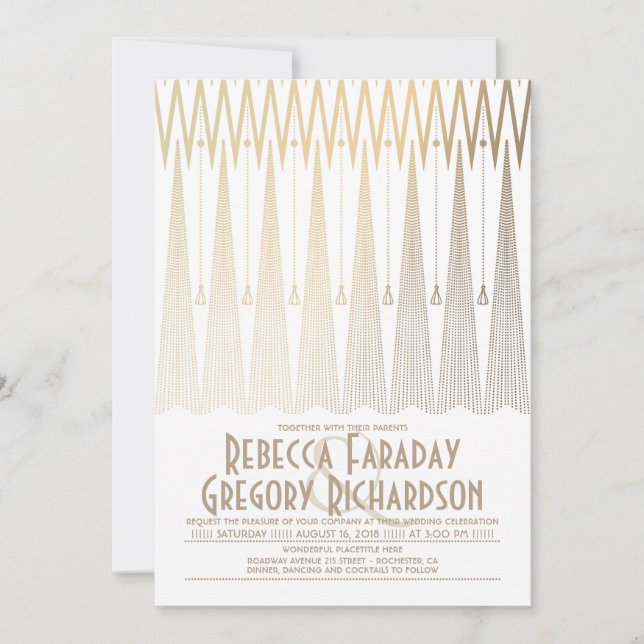 Invitación Boda geométrico elegante Art Deco Blanco y Oro (Anverso)