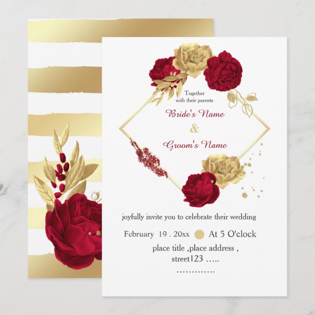 Invitación boda geométrico elegante de flores de burdeos y or (Anverso / Reverso)