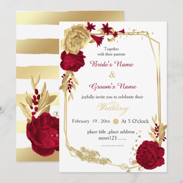 Invitación boda geométrico elegante de flores de burdeos y or (Anverso / Reverso)