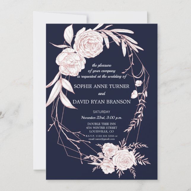 Invitación Boda geométrico elegante Rosa de flores blancas de (Anverso)