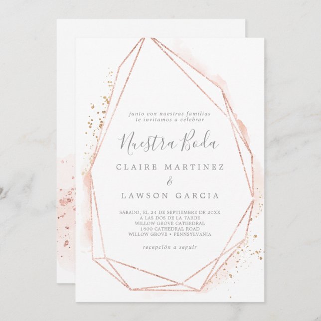 Invitación Boda Geométrico Español de acuarela de oro Rosa (Anverso / Reverso)