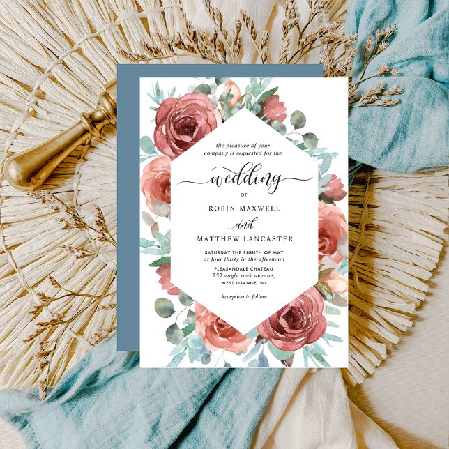 Invitación Boda geométrico etéreo dusty azul floral (Subido por el creador)