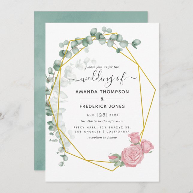 Invitación Boda geométrico Eucalyptus Rosa (Anverso / Reverso)