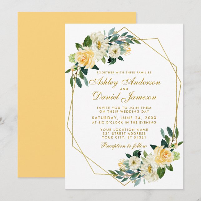 Invitación Boda geométrico floral amarillo dorado moderno (Anverso / Reverso)