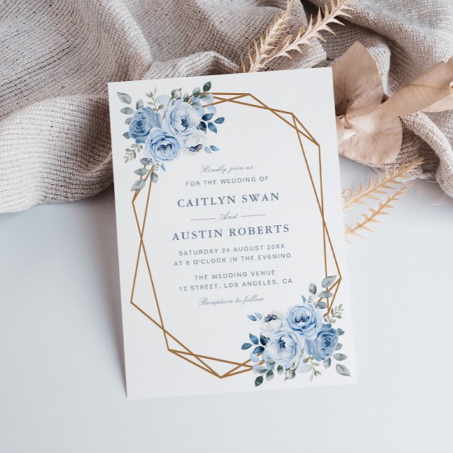 Invitación boda geométrico floral azul claro de acuarela (Subido por el creador)
