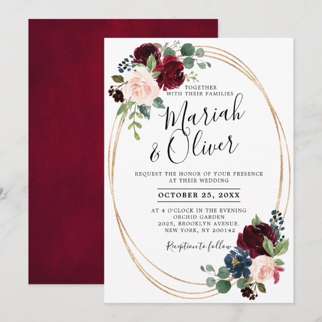 Invitación Boda geométrico floral azul de la Marina Roja de B (Anverso / Reverso)