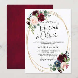 Invitación Boda geométrico floral azul de la Marina Roja de B