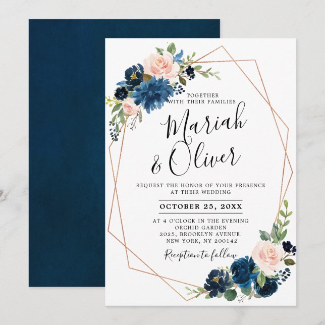 Invitación Boda geométrico floral azul de la Marina Roja de B (Anverso / Reverso)
