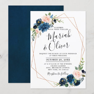 Invitación Boda geométrico floral azul de la Marina Roja de B