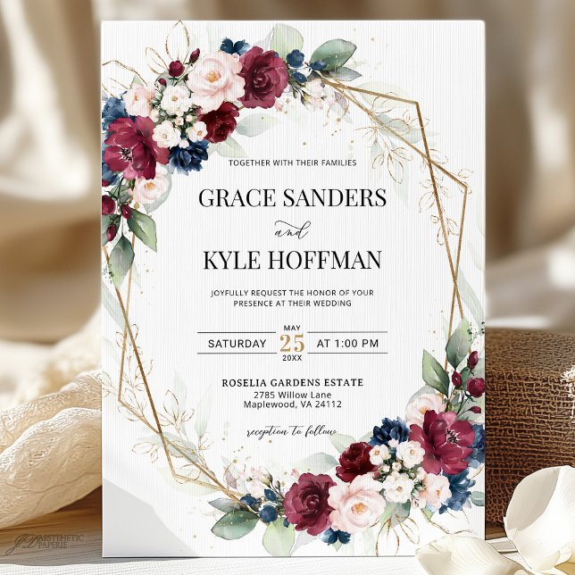 Invitación Boda geométrico floral azul de la Marina Rubor de  (Subido por el creador)
