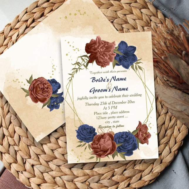 Invitación boda geométrico floral azul marino de terracota (Subido por el creador)