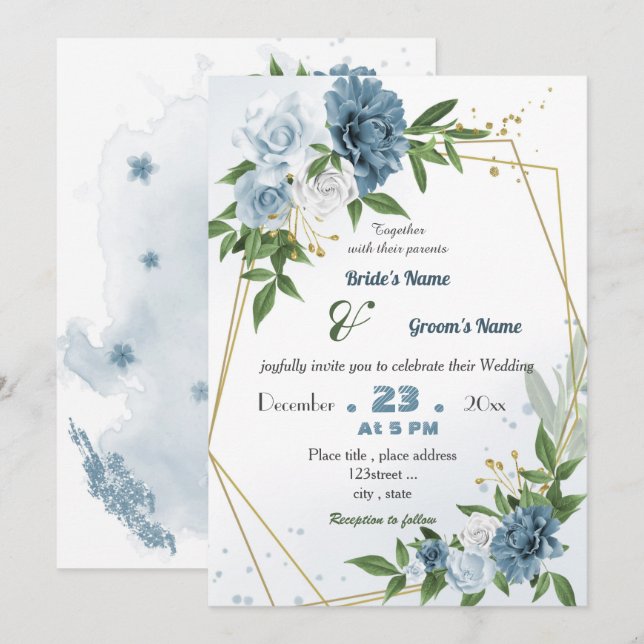Invitación boda geométrico floral azul romántico (Anverso / Reverso)