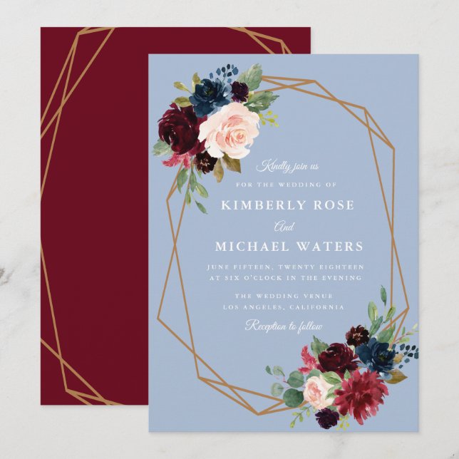 Invitación Boda geométrico floral azul turbio y borgoñoso (Anverso / Reverso)