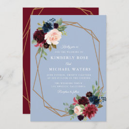 Invitación Boda geométrico floral azul turbio y borgoñoso