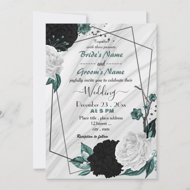 Invitación boda geométrico floral azul verde azulado blanco y (Anverso)