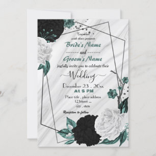 Invitación boda geométrico floral azul verde azulado blanco y