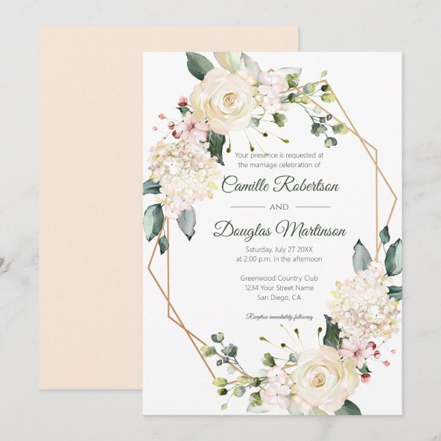 Invitación Boda Geométrico Floral Blanco Crema | (Anverso / Reverso)