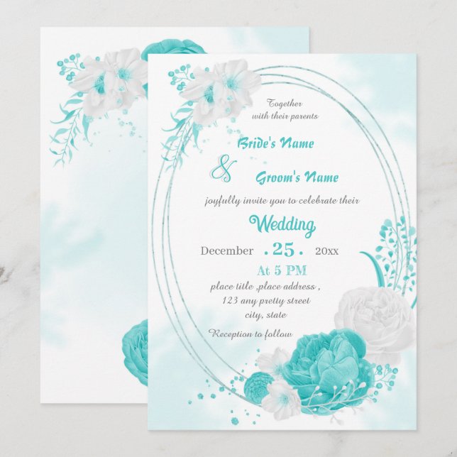 Invitación boda geométrico floral blanco turquesa (Anverso / Reverso)