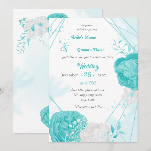 Invitación boda geométrico floral blanco turquesa (Anverso / Reverso)