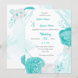 Invitación boda geométrico floral blanco turquesa