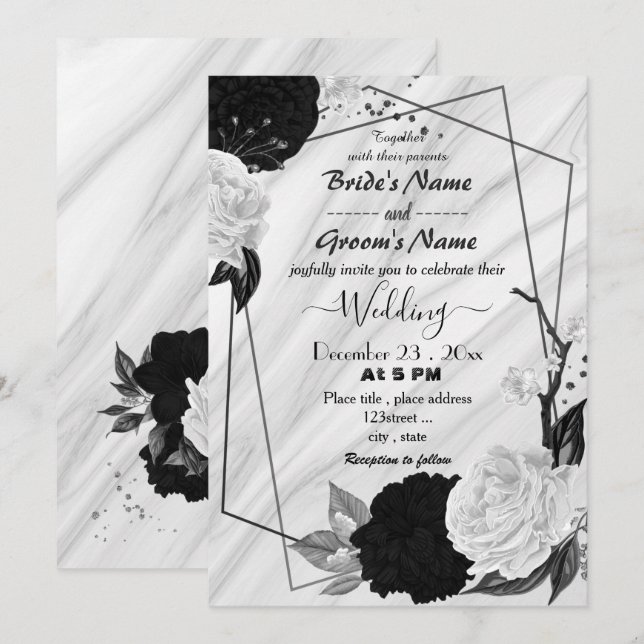 Invitación boda geométrico floral blanco y negro (Anverso / Reverso)